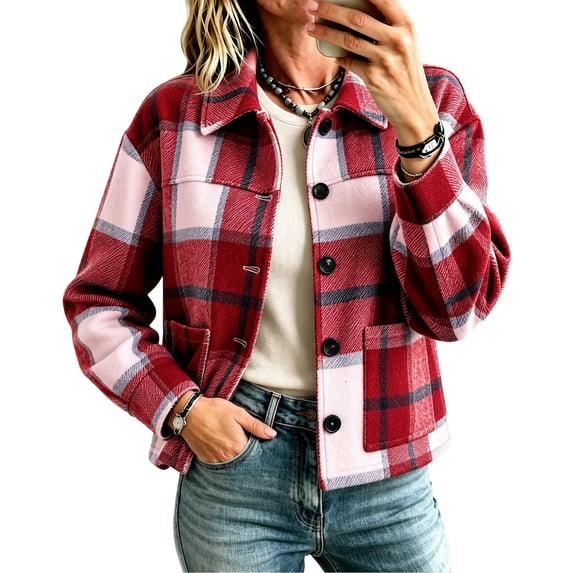 Enjoytime Fall Jackets for Women Plaid Lapel Collar Button Down Cropped Jacket Trendy Casual Coat Fashion Long Sleeve Outerwear