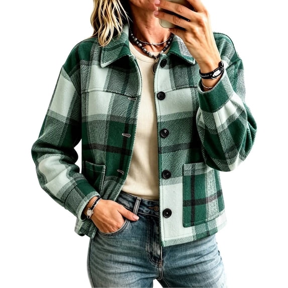 Enjoytime Fall Jackets for Women Plaid Lapel Collar Button Down Cropped Jacket Trendy Casual Coat Fashion Long Sleeve Outerwear