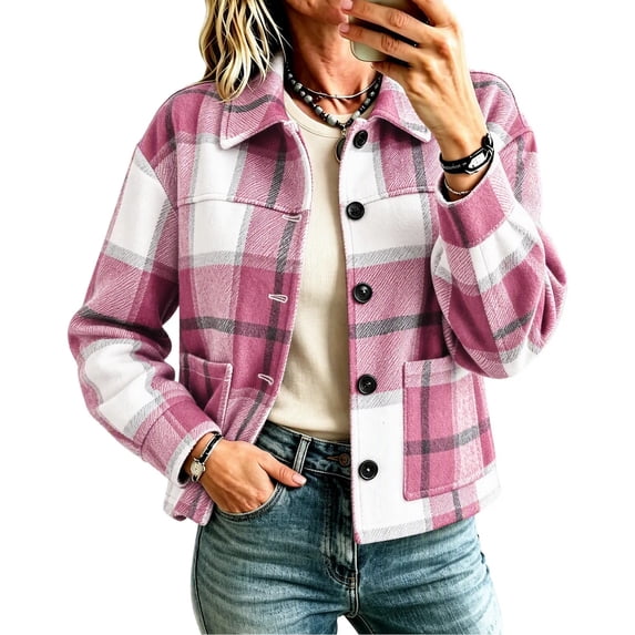 Enjoytime Fall Jackets for Women Plaid Lapel Collar Button Down Cropped Jacket Trendy Casual Coat Fashion Long Sleeve Outerwear