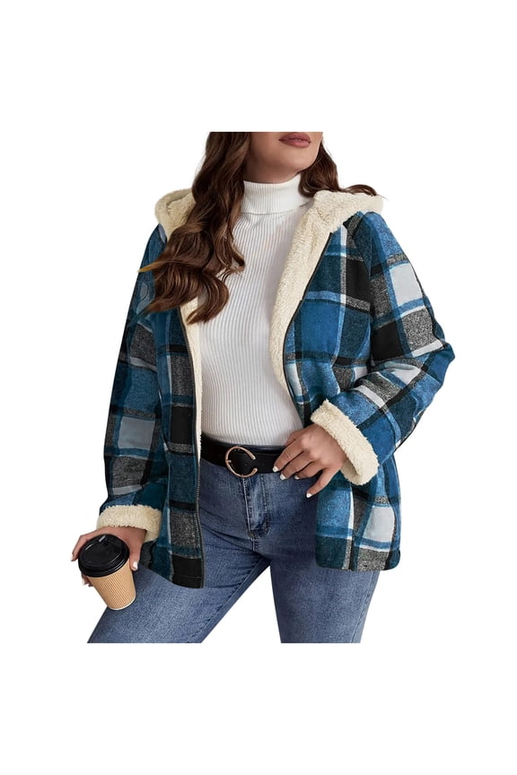 Fall Jackets for Women Plaid Long Sleeve Hooded Casual Outerwear Cozy Warm Fashion Fall Winter Coat