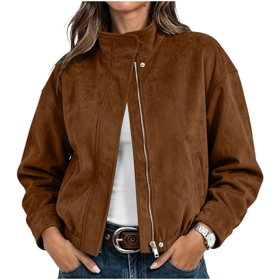 Enjoytime Fall Jackets for Women Stand Collar Button Zip Up Jacket Winter Casual Long Sleeve Cropped Coat with Pockets