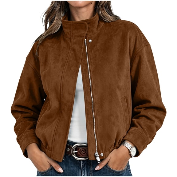 Enjoytime Fall Jackets for Women Stand Collar Button Zip Up Jacket Winter Casual Long Sleeve Cropped Coat with Pockets