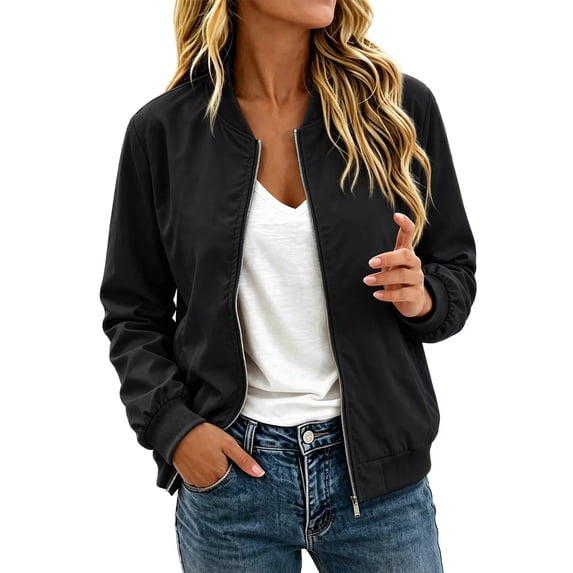 Enjoytime Fall Jackets for Women Stand Collar Zip Up Bomber Jackets Trendy Lightweight Casual Long Sleeve Outerwear