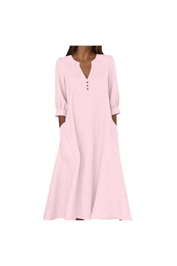 Fall Maxi Dresses for Women 2025 Solid Color V-Nek 3/4 Sleeve Casual Dress Fashion Vacation Plus Size Womens Dresses Pink XXXL