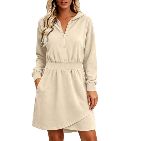 Enjoytime Fall Mini Dresses for Women 2026 Long Sleeve Half Zip Hooded Sweatshirt Dress Comfy Casual Dress with Pockets