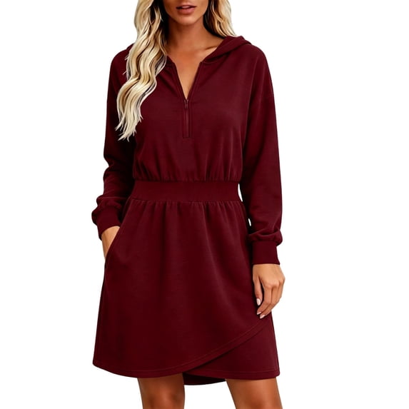 Enjoytime Fall Mini Dresses for Women 2026 Long Sleeve Half Zip Hooded Sweatshirt Dress Comfy Casual Dress with Pockets