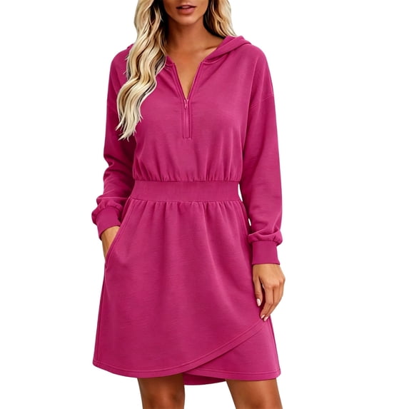 Enjoytime Fall Mini Dresses for Women 2026 Long Sleeve Half Zip Hooded Sweatshirt Dress Comfy Casual Dress with Pockets