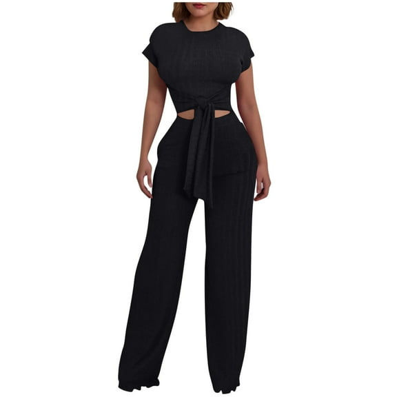 Enjoytime Fall Outfits for Women Solid Color Round Neck Short Sleeve Tops High Waisted Pants Sweat Suit Fashion 2025 Trendy Womens Matching Sets