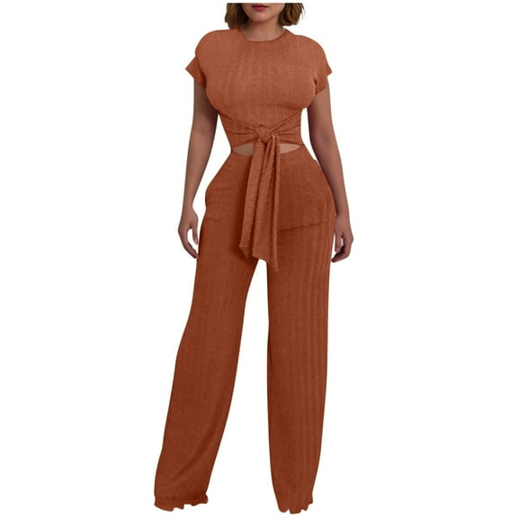 Enjoytime Fall Outfits for Women Solid Color Round Neck Short Sleeve Tops High Waisted Pants Sweat Suit Fashion 2025 Trendy Womens Matching Sets