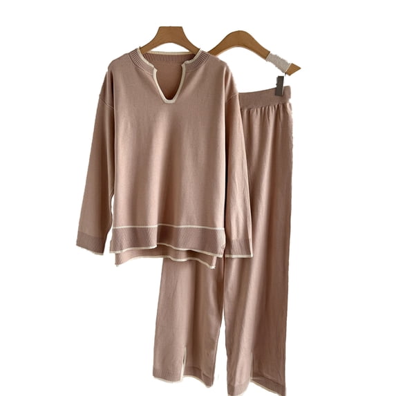 Enjoytime Fall Sets Women 2 Piece Outfits U-Shaped Collar Long Sleeve Sweater and Split Wide Leg Pants Knitted Loungewear Casual Soft Matching Set