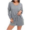 thumbnail image 1 of Enjoytime Fall Sets for Women 2025 Solid Color Crewneck Long Sleeve Tops Elastic Waist Shorts Loungewear Casual Loose Pajama Outfits, 1 of 4