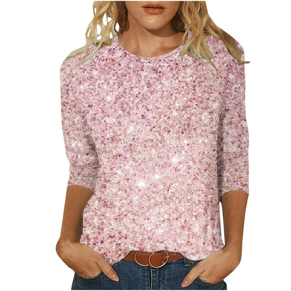 Enjoytime Fall Shirts Women Casual Blouse Sequin Print Round Neck 3/4 Sleeve T-Shirt Top Winter Women Clothing
