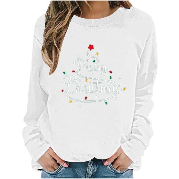Enjoytime Fall Sweatshirts for Women Casual Xmas Printed Crewneck Sweatshirt Comfy Long Sleeve Pullover Tops Winter Clothes 2025 White XL