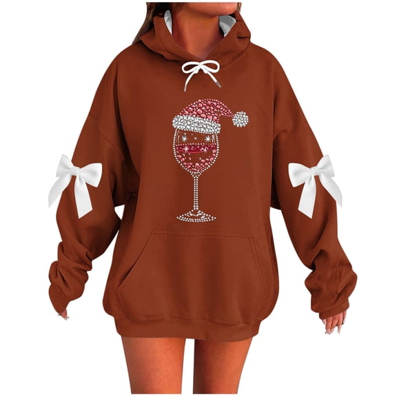 Enjoytime Fall Sweatshirts for Women Christmas Printed Long Sleeve Pullover Hoodie Fashion Casual Fall Winter Plus Size Clothes Brown XXXXXL
