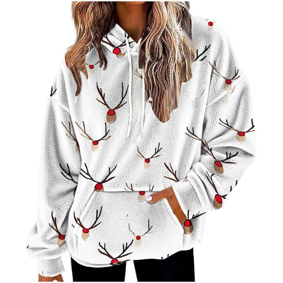 Enjoytime Fall Sweatshirts for Women Christmas Printed Long Sleeve Pullover Tops Casual Warm Cute Hoodies Winter Clothes 2025 White XXL