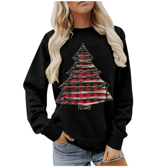 Enjoytime Fall Sweatshirts for Women Christmas Tree Printed Round Neck Long Sleeve Tops Xmas Holiday Casual Winter Pullover Sweatshirt