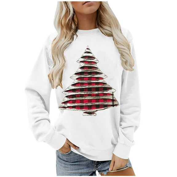 Enjoytime Fall Sweatshirts for Women Christmas Tree Printed Round Neck Long Sleeve Tops Xmas Holiday Casual Winter Pullover Sweatshirt