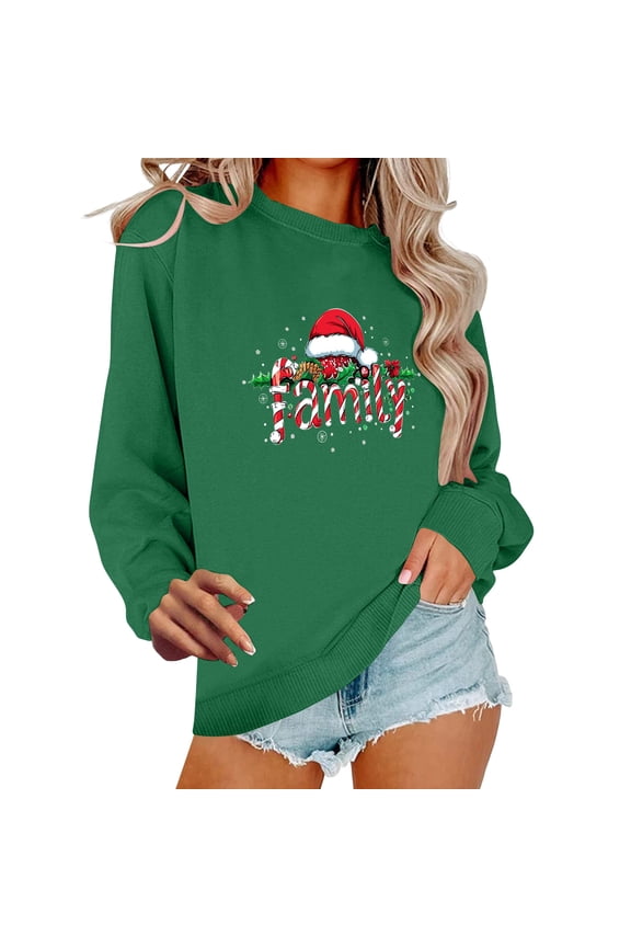 Fall Tops for Women 2025 Christmas Printed Long Sleeve Crewneck Sweatshirt Xmas Holiday Lightweight Pullover Sweatshirts Green L