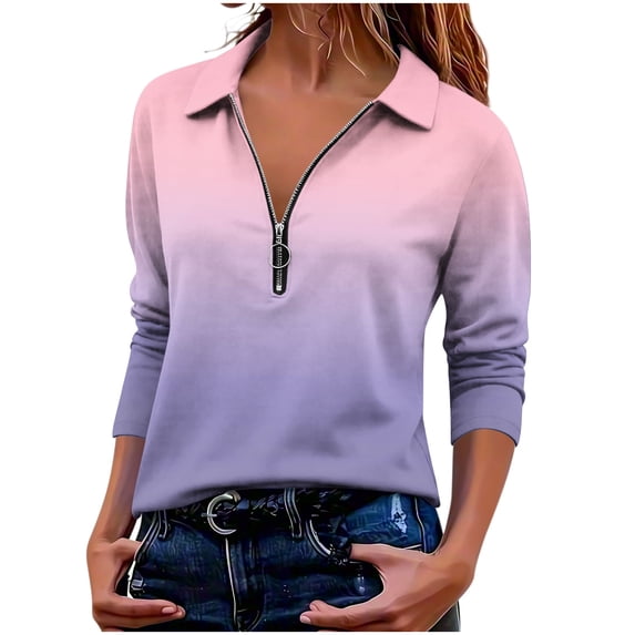 Enjoytime Fall Tops for Women Collared Half Zip Pullover Long Sleeve Shirts Fall Fashion Printed Business Casual Blouses