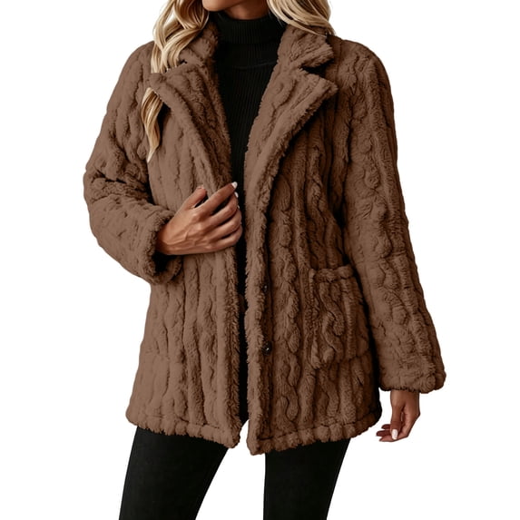 Enjoytime Fall Winter Fleece Jacket Women Notch Lapel Button Down Long Sleeve Coat Casual Warm Fuzzy Outerwear with Pocket