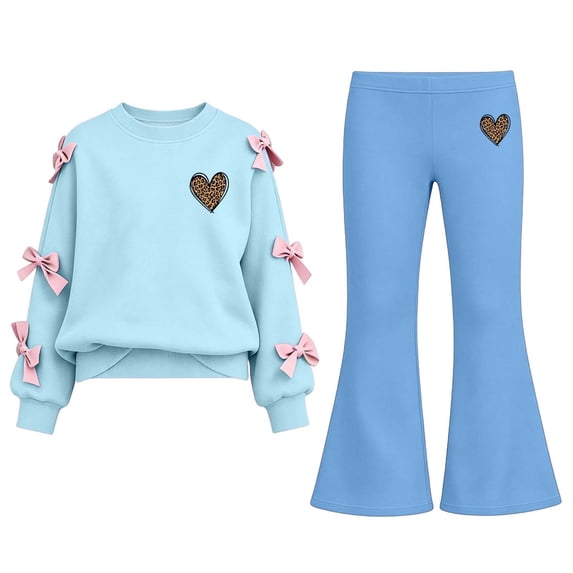 Enjoytime Fall Winter Girl Outfits Print Long Sleeve Bow Crew Neck Sweatshirt Flare Pants Two Piece Set Kids Matching Fashion Clothing Sets