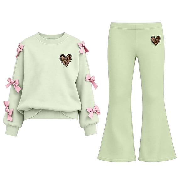 Enjoytime Fall Winter Girl Outfits Print Long Sleeve Bow Crew Neck Sweatshirt Flare Pants Two Piece Set Kids Matching Fashion Clothing Sets