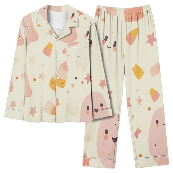 Enjoytime Fall Winter Pajamas for Women Set Halloween Cute Printed Long Sleeve Button Down Shirt Pants Sleepwear Trendy Cozy Comfy Loungewear Sets Woman