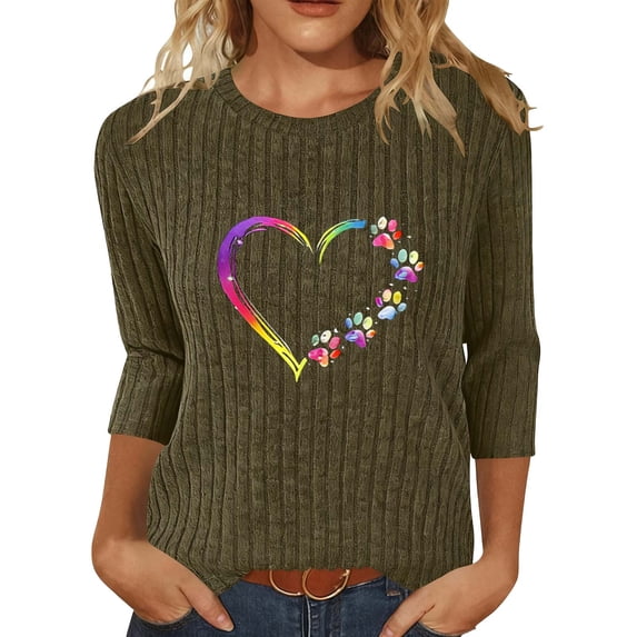Enjoytime Fall Womens Tops Hearts Printing Crewneck 3/4 Sleeve Shirts Winter Business Casual Blouses 2025 Army Green M