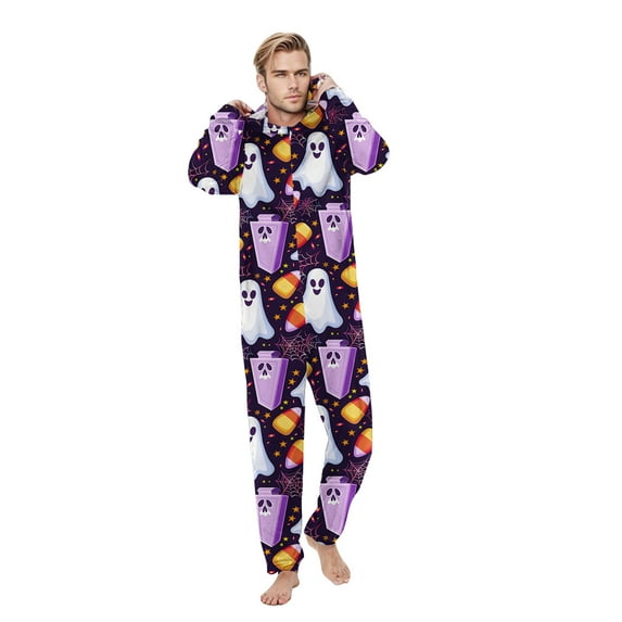 Enjoytime Family Matching Halloween onesie Pajamas for Men Printed one Piece Hooded Romper Pj's Jumpsuit Loungewear Nightwear Sleepwear Men Clothing