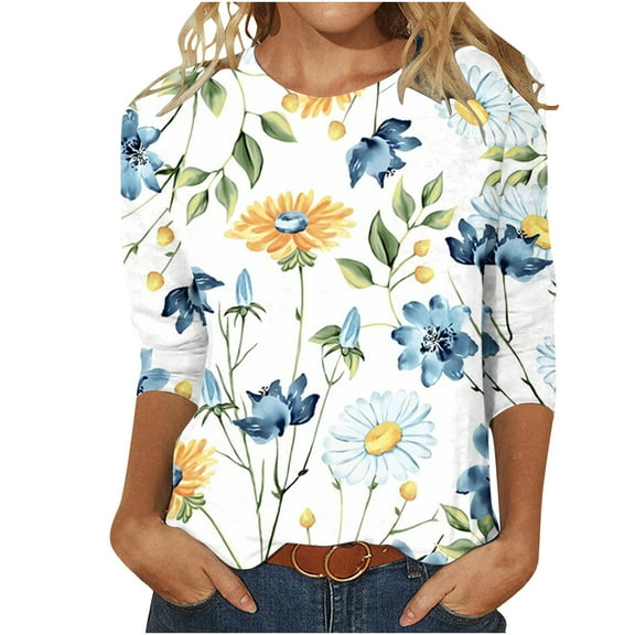 Enjoytime Fashion Blouses for Women Print Casual Round Neck Shirts 3/4 Sleeve Loose Comfy Plus Size Tops Women Clothes