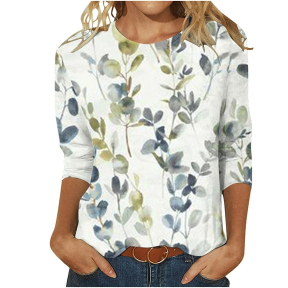 Enjoytime Fashion Blouses for Women Print Casual Round Neck Shirts 3/4 Sleeve Loose Comfy Plus Size Tops Women Clothes