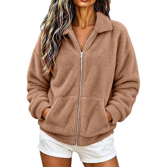 Enjoytime Fleece Jacket Women Collared Long Sleeve Zip Up Coat Fall Winter Warm Cozy Casual Plus Size Clothes with Pocket