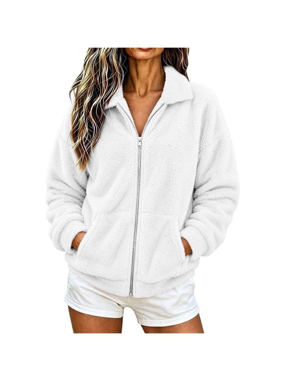 Fleece Jacket Women Collared Long Sleeve Zip Up Coat Fall Winter Warm Cozy Casual Plus Size Clothes with Pocket