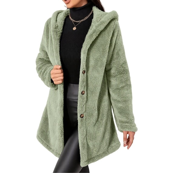 Enjoytime Fleece Jacket Women Fall Winter Button Down Hooded Teddy Coat Soft Warm Casual Mid Length Long Sleeve Outerwear