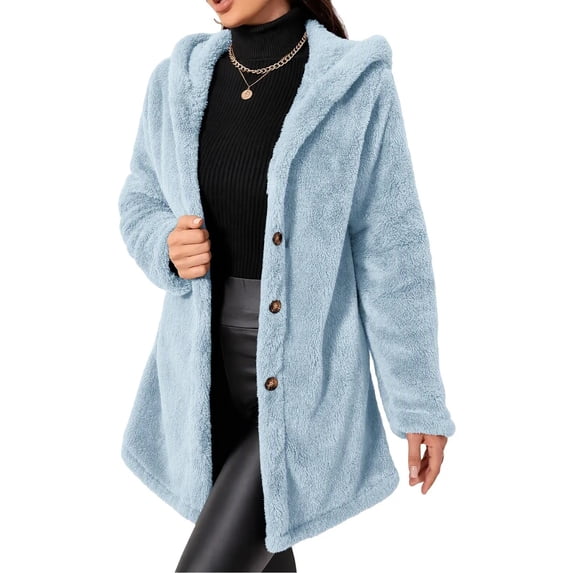 Enjoytime Fleece Jacket Women Fall Winter Button Down Hooded Teddy Coat Soft Warm Casual Mid Length Long Sleeve Outerwear