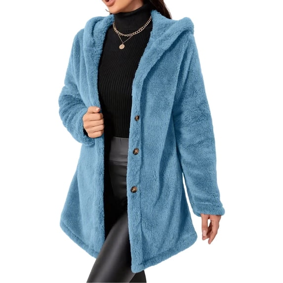 Enjoytime Fleece Jacket Women Fall Winter Button Down Hooded Teddy Coat Soft Warm Casual Mid Length Long Sleeve Outerwear