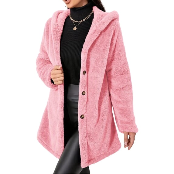 Enjoytime Fleece Jacket Women Fall Winter Button Down Hooded Teddy Coat Soft Warm Casual Mid Length Long Sleeve Outerwear