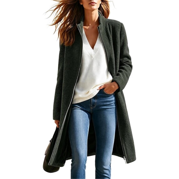 Enjoytime Fleece Jacket Women Fall Winter Stand Collar Zip Up Long Coat Warm Casual Trendy Long Sleeve Outerwear with Pockets