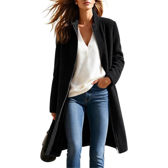 Enjoytime Fleece Jacket Women Fall Winter Stand Collar Zip Up Long Coat Warm Casual Trendy Long Sleeve Outerwear with Pockets