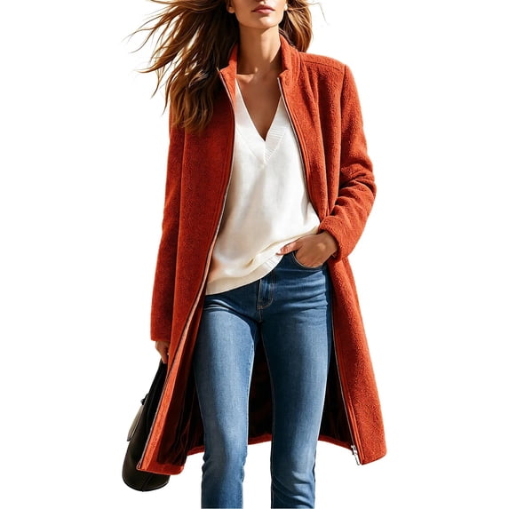 Enjoytime Fleece Jacket Women Fall Winter Stand Collar Zip Up Long Coat Warm Casual Trendy Long Sleeve Outerwear with Pockets