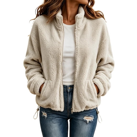 Enjoytime Fleece Jacket Women Lapel Long Sleeve Full Zip Up Short Coat Casual Warm Cozy Fall Winter Outwear with Pockets