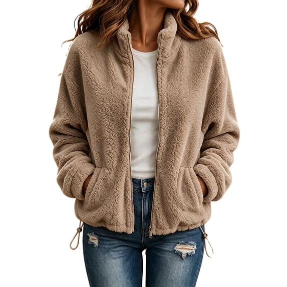 Enjoytime Fleece Jacket Women Lapel Long Sleeve Full Zip Up Short Coat Casual Warm Cozy Fall Winter Outwear with Pockets