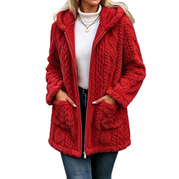 Enjoytime Fleece Jacket Women Long Sleeve Textured Zip Up Hooded Coat Fall Winter Warm Soft Comfy Casual Mid Length Outerwear