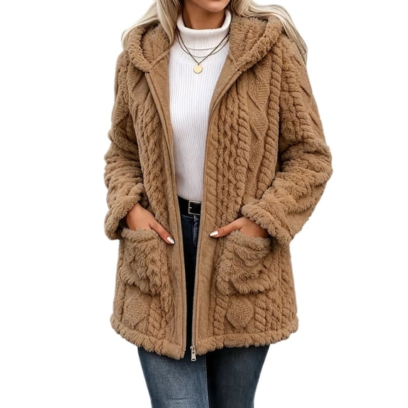 Enjoytime Fleece Jacket Women Long Sleeve Textured Zip Up Hooded Coat Fall Winter Warm Soft Comfy Casual Mid Length Outerwear