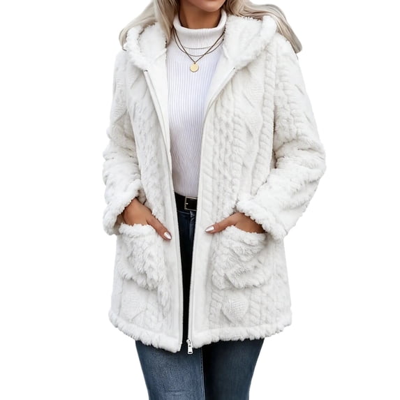 Enjoytime Fleece Jacket Women Long Sleeve Textured Zip Up Hooded Coat Fall Winter Warm Soft Comfy Casual Mid Length Outerwear