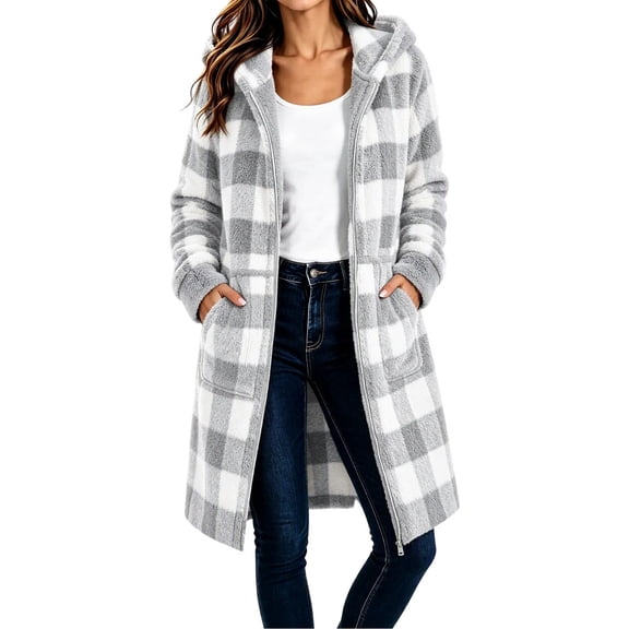 Enjoytime Fleece Jacket Women Plaid Long Sleeve Zip Up Hooded Long Coat Fall Winter Cozy Warm Casual Outerwear with Pockets