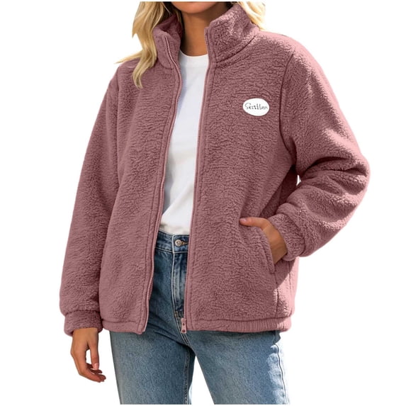 Enjoytime Fleece Jacket Women Stand Collar Long Sleeve Zip Up Coat Casual Cozy Warm Outerwear Fall Winter Plus Size Clothes