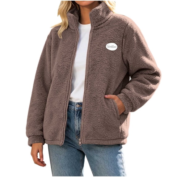 Enjoytime Fleece Jacket Women Stand Collar Long Sleeve Zip Up Coat Casual Cozy Warm Outerwear Fall Winter Plus Size Clothes