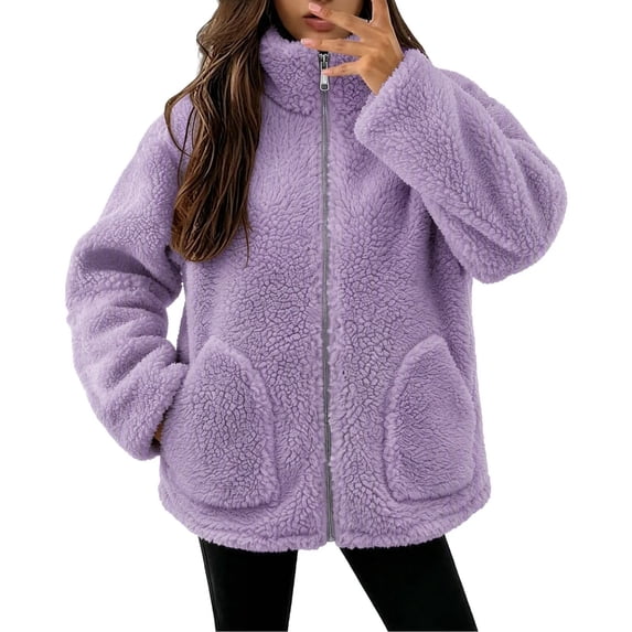 Enjoytime Fleece Jacket Women Stand Collar Long Sleeve Zip Up Fuzzy Outerwear Casual Soft Warm Fall Winter Coat with Pocket