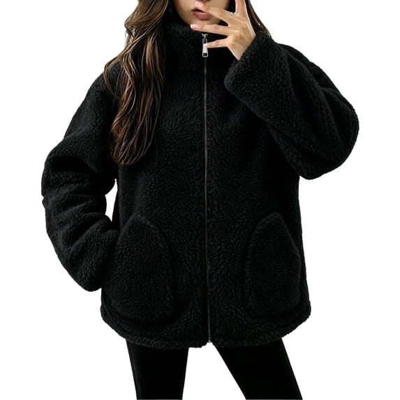 Enjoytime Fleece Jacket Women Stand Collar Long Sleeve Zip Up Fuzzy Outerwear Casual Soft Warm Fall Winter Coat with Pocket